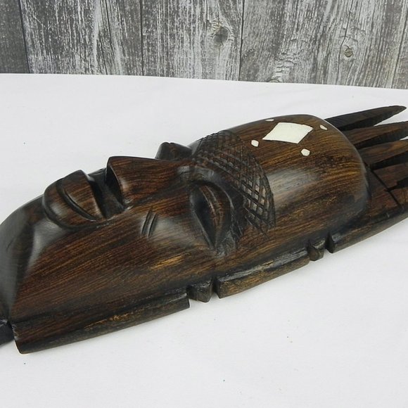 Solid Wood Bone Inlay Sculpture | Carved Face in Dark Wood | Vintage Artwork - Picture 4 of 10